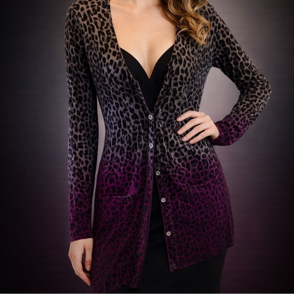 Wool cashmere Leopard print multi long button down cardigan lightweight V neck L